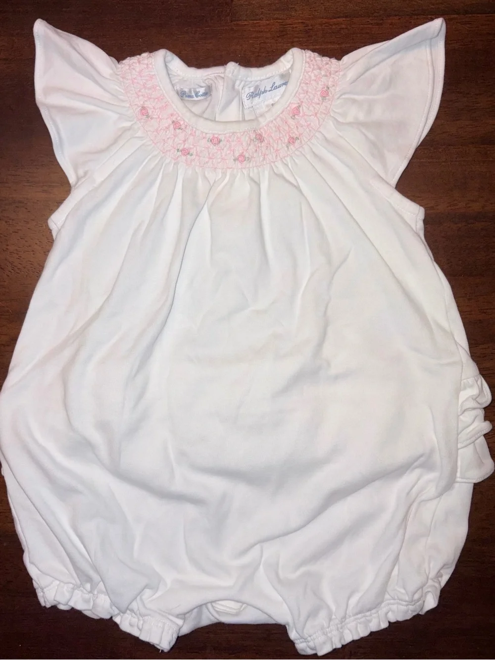 Ralph Lauren smocked and embroidered Ruffled Butt Romper sz 9 mo EUC